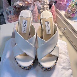 💐NWT JIMMY CHOO Dovina 100 Woven Wedge Sandals.  White, US 7, IT 37 1/2.